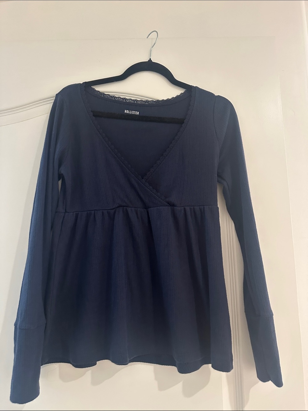Hollister babydoll Navy Ribbed Long-Sleeve Wrap Top